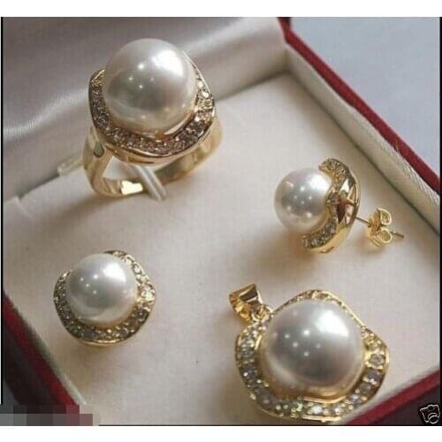 Prett Lovely for women sterling--jewelry Elegant 10mm &14mm White South Sea Shell Pearl Earrings Pendant Ring Setnoble ladys