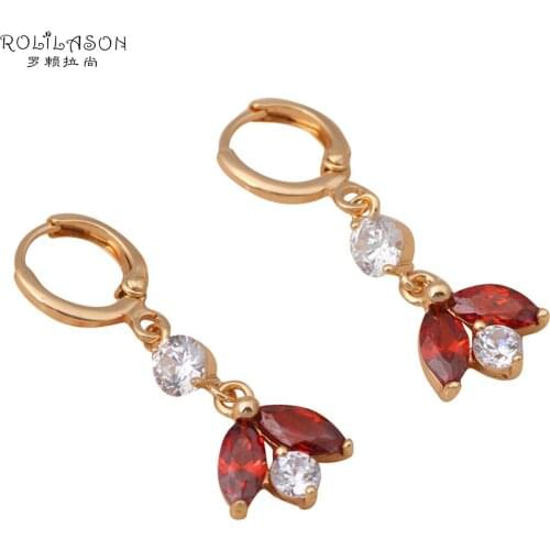 ROLILASON AAA Zircon golden color earrings Red Crystal Garnet Drop Earrings for women Party fashion Jewelry Delicate Style JE609