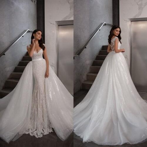 Mermaid Wedding Dresses V Neck Short Sleeve Beading Appliques Lace Bridal Gowns 2020 Button Back Detachable Train Wedding Dress