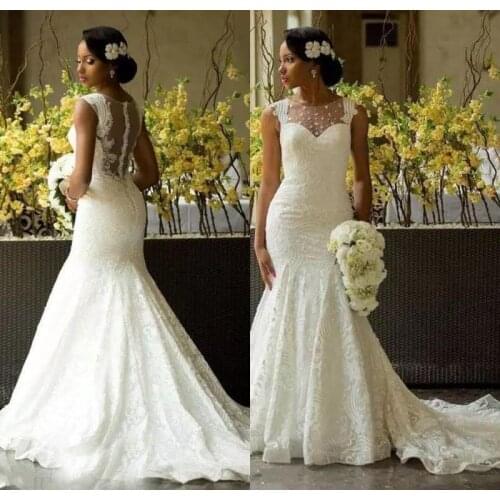 African Bride Wedding Dresses Mermaid Appliques Sheer Neck Zipper Bridal Gowns Capped Sweep Train Mermaid