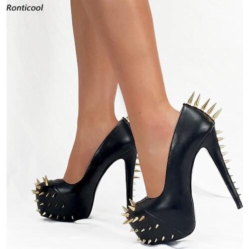 Ronticool Handmade Women Pumps Sexy Studs Stiletto Heels Round Toe Pink Fuchsia Black Night Club Shoes Women Plus Size 35-46
