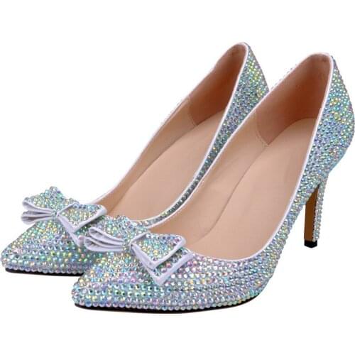 Sexy Pumps Wedding Women Fetish Shoes Pointed Toe Rhinestones Sequined Cloth 8CM Thin High heels Slip On Butterfly-knot Bling