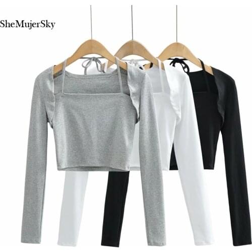 SheMujerSky Women Long Sleeve Top And Cami Top Matching Set 2021 Solid Color Elastic Slim Cropped Tops