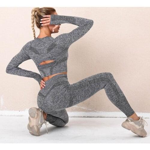 2Pcs Gym Set Yoga Sports Suit Women Seamless Leggings Push Up Crop Top Women Long Sleeve Top Workout Fitness Clothes Sportswear