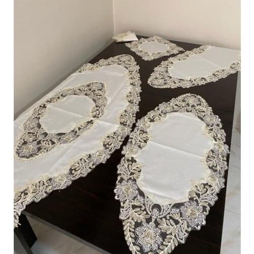 5 Parça Salon Takımı Linen Kumaş Fransız Dantelli