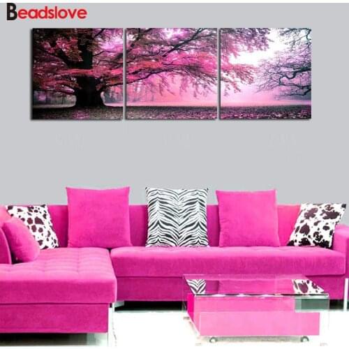 5d diy full square drill diamond painting Purple tree Landscape 3pcs set Cross Stitch Rhinestone embroidery mosaic painting Home