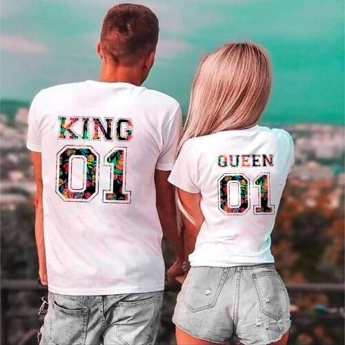 King Queen 01 Letter Colorful Print Couple White T Shirts Summer Fashion Short Sleeve Love Matching Harajuku Tops Graphic Tees