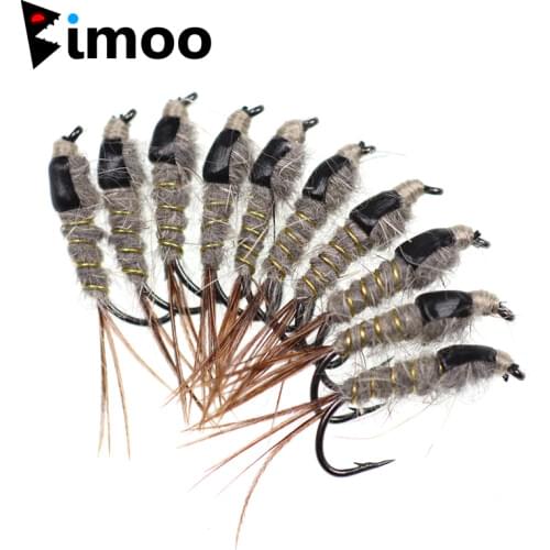 Bimoo 10pcs Size 12 Grey Black Hares Ear Nymph Fly Trout Fishing Classic Fly Bait