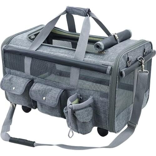 Pet Supplies Oversized Pet Outing Cat Bag Portable Drag Wheel Pet Bag Shoulder Bag with Wheel Breath Pack Durable Cut Proof Grey