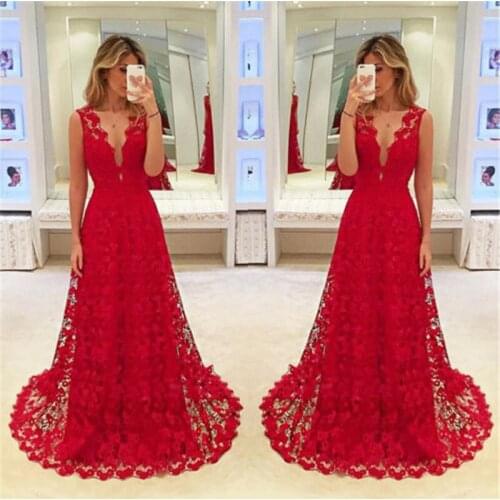 Hirigin Elegant Party Gowns for Womens Elegant Long Lace Dress Formal Party Prom Gown Dress Red Floor length Dress