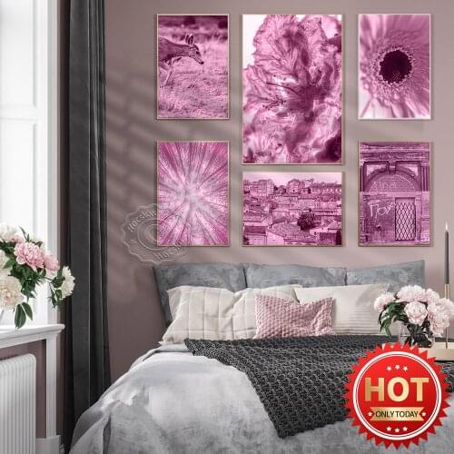 Pink Nature Plant Animal Buildings Art Poster, Forest Corner Look Up At Sky Decor Prints, Modern City Home Decor Wall Picture