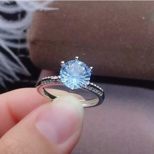 Fashion cute round Natural light blue Fireworks topaz gem Ring Natural gemstone Ring S925 silver womens girl party gift Jewelry