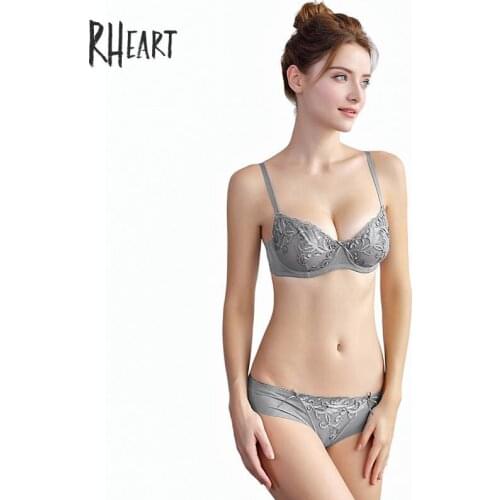Roseheart New Women Fashion Gray Sexy Lingerie Sets Underwire Lace Bow Cotton Panties Padded Push Up Bra Sets Plus Size