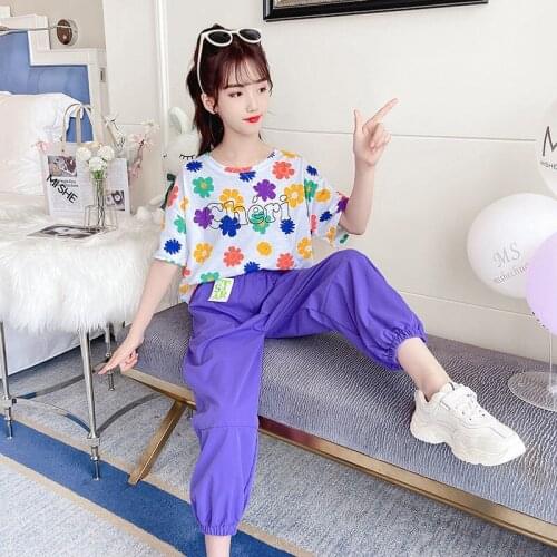 Girls Clothing Sets 2021 Children Sequin Short Sleeve + Solid Pants 2 Piece Summer T-shirt Kids Outwear Teenagers Girl Clothes