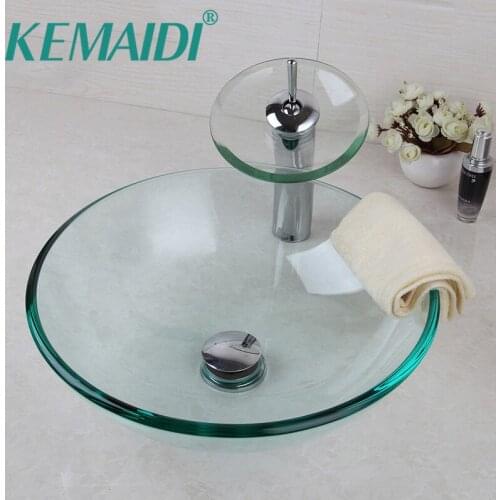 KEMAIDI UK Round Transparent Washroom Basin Vessel Vanity Sink Bathroom Mixer Tempered Glass Washbasin Faucet Set w/ Drain