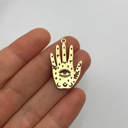 2pcs Raw Brass Hand on Third Eye Charm, Hand Evil Eye Charm Pendant, Palmistry Hand Charm, Mystical Celestial Charms Findings