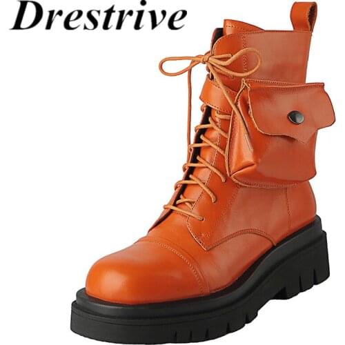 Drestrive Genuine Leather Orange Shoe Bag Round Toe Women Ankle Boots Round Toe Lace Up Platform Zipper Cow Leather Flat With