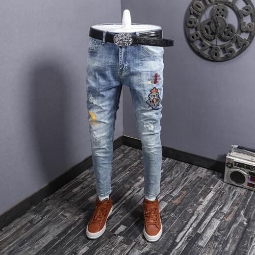 Mens Thin Jeans Light Blue Ripped Pants Pencil Pants Casual Slim Trousers Holes Letters Pattern J38