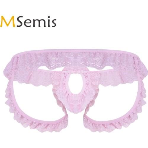 Mens Sissy Open Crotch Buttless Lingerie Exotic Lacy Frilly Crotchless G String Panties with Open Penis Hole Sexy Gay Underwear