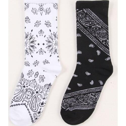 Crew Street Fashion Socks Stripe Hiphop Bandanna Amoeba Paisley Cotton Mid Elite Ethnic Paisley Hip Hop Black White Skateboard