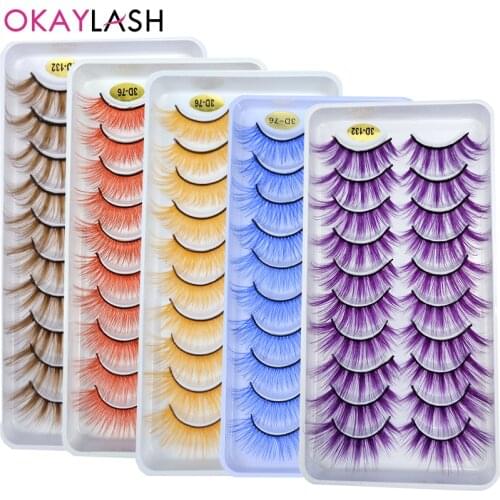 OKAYLASH 10Pairs Red Blue Brown White 3D Colored False Eyelashes Vegan Silk Makeup Rainbow Cilias Colorful Fake Lashes Bulk