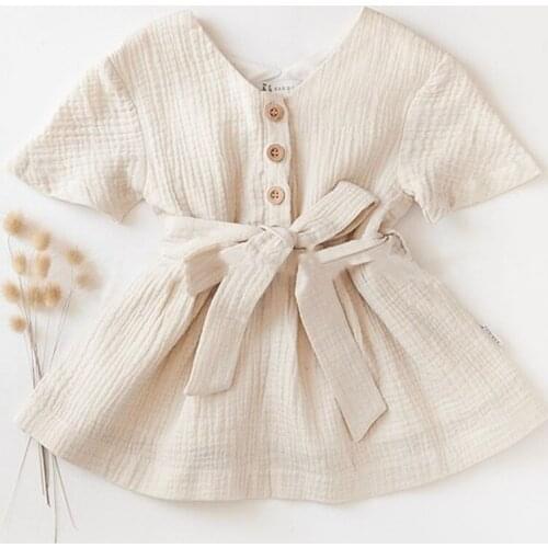 Summer New Kids Girl’s Casual Short-sleeved Dress with Belt Fashion Cotton Solid Color Button V-neck Children Princess Dress