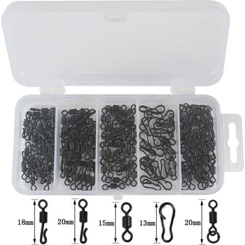 Mounchain 150pcs/box Fishing Swivels Assorted Sizes Fishing Snap Stainless Steel Connectors with Portable Travel Box