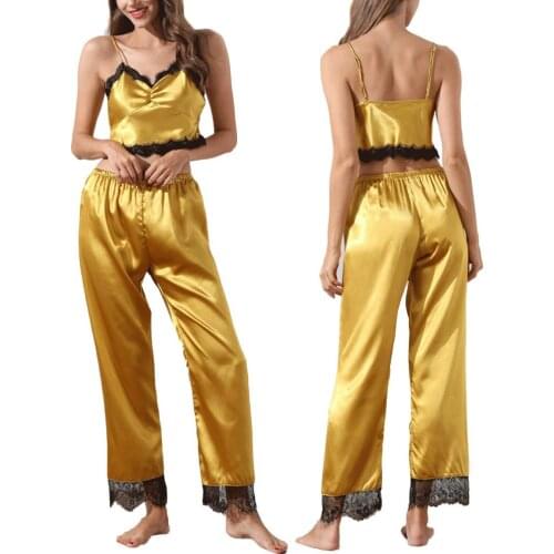 Sexy Women V Neck Imitation Silk Lace Brim Crop Top Long Pants Pajama Sleepwear Lace Suspender Trousers Home Service Suit