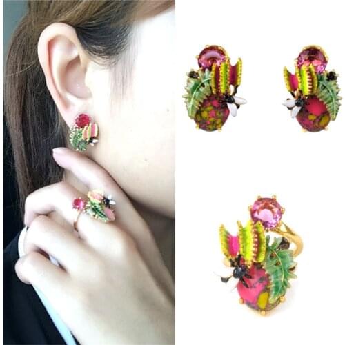 European and American Petty Bourgeoisie Style Enamel Glaze Man-eating Grass Bugs Color Turquoise Earrings Ear Clips Female