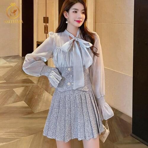 SMTHMA French Style Small Fragrant Bowknot Flare Long Sleeve Tweed Shirt Two-Piece Sets+ High Waist Pleated Short Skirt Suit