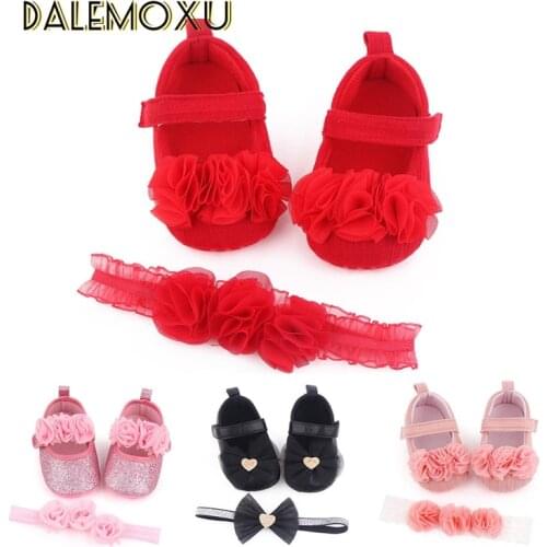 Bowknot Flower Baby Girls Shoes Infant Newborn Princess Shoes Girls First Walkers + Hairband Soft Sole Crib Shoes Pre Walkers