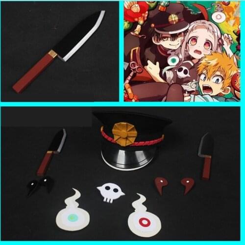 Japanese Anime Jibaku Shounen Hanako-kun Hanako Kun Cosplay Hat Comma Headwear Ghost Fire Chest Decoration Cosplay Knife Props