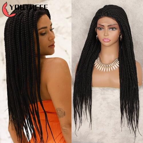 Youthfee Lace Front Synthetic Wigs With Baby Hair 28"Black Box Braided Natural Side Parting Wig for Black Women Lace Frontal Wig