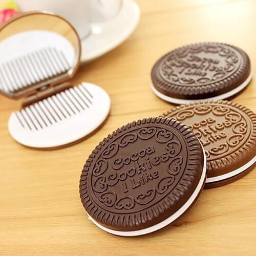 1pcs Cute Chocolate Cookie Shaped Fashion Design Makeup Mirror with 1 Comb Set
