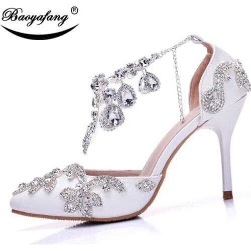 BaoYaFang Silver Crystal Ankle Strap Tassel shoes woman fashion Thin Heel Ladies wedding shoes Buckle crystal shoes Ladies Pumps
