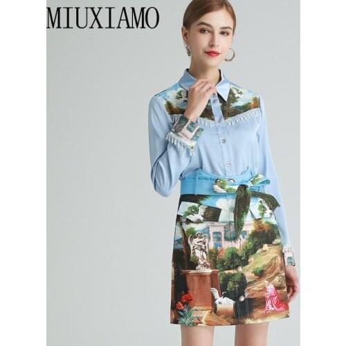MIUXIMAO 2021 Spring Summer Long Sleeve Flower Printe Bead Fashion Blue Blouse + Bandage Skirt Suit 2 Piece Set Women