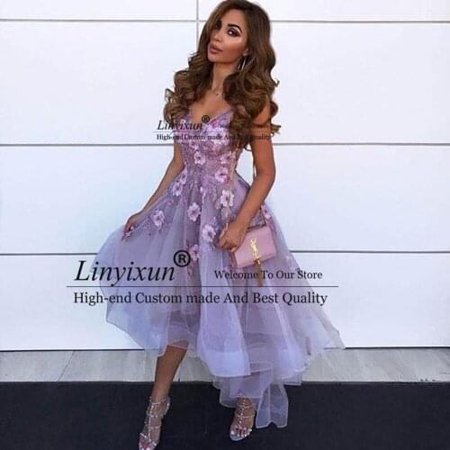 Sexy Lavender Short Prom Dresses V Neck Lace 3D Appliques Evening Party Gowns Sleeveless High Low vestidos de fiesta