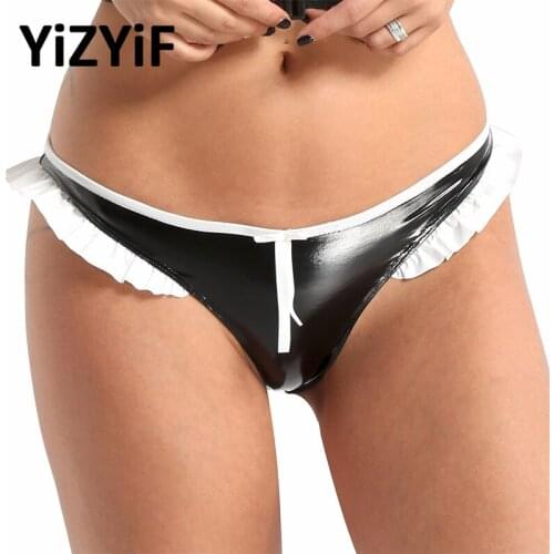 Women Lingerie Bikini Bottoms Sexy Panties Wet Look Faux Leather Ruffled Lace Low Rise Bikini Briefs Underwear