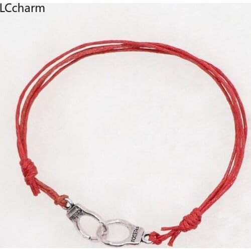 10pcs Fashion Vintage Handcuffs Charms Bracelets For Women Men Red Cord Adjustable Braided Bracelet Anklet Couple Jewelry