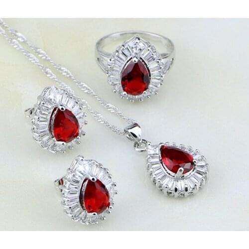 925 Sterling Silver Jewelry Red Cubic Zirconia White Zircon Jewelry Sets For Women Wedding Earring/Pendant/Necklace/Ring 3PCS