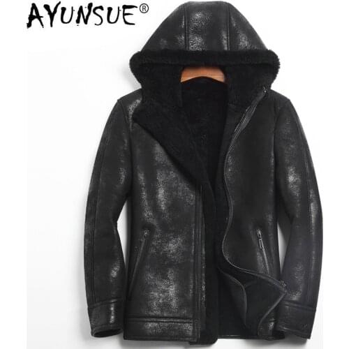 AYUNSUE Genuine Leather Jacket Men Hooded Winter Jacket Real Wool Fur Coat Men Sheepskin Coat Shearling Leather Jacket 755KJ1135