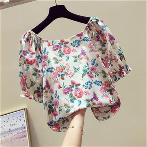 New Summer Fashion Floral Print Shirt Womens Slash Neck Off Shoulder Tops Female Short Puff Sleeve Loose Cotton Blouse L289