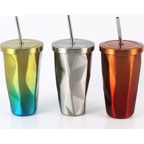 16oz waterbottle coffee cup 304 double layer stainless steel straw cup wholesale custom color changing cups thermos bottle cups