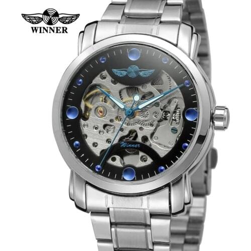 WINNER WATCH Creative surface four blue dot beads black no digital dial leather strap mens automatic mechanical watch