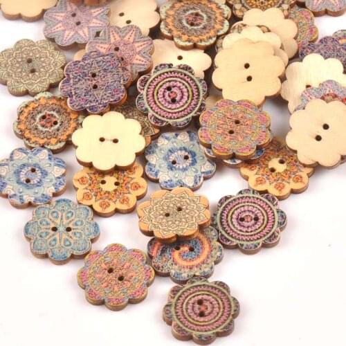 Mixed Flower Pattern Wooden Buttons For Clothing Sewing DIY Crafts Scrapbook Handmade Home Decor Supplies 20mm 25pcs m1671