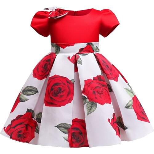 Girls baby dress 2021 Girls Birthday Party Eucharist banquet dress childrens Rose printed bubble sleeve bow Princess Dress