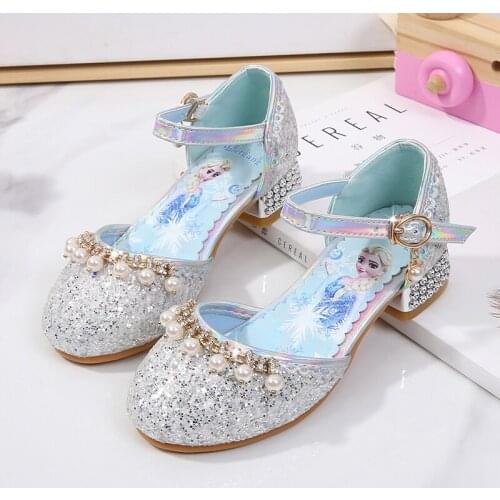 Disney Girls Wedding Shoes Glitter New Brand High Heels Children Elsa Princess Sandals Dance Kids Fashion Party Shoes with Bow