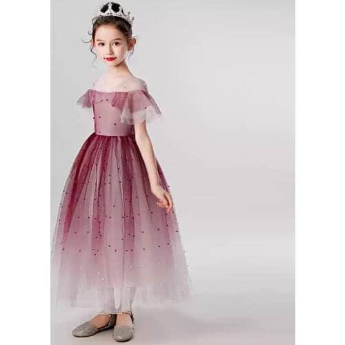 Flower Girl Dresses Illusion V-Neck Short Pearls Princess Floor-Length Tulle Lace Luxury Gradient Burgundy Kids Party Gown H480