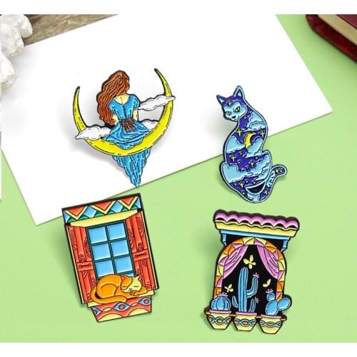 Starry Sky Cats Moon Girl Enamel Pin Enamel Pin Moon And Stars Windowsill Potted cactus plants Brooch Badge Lapel Jewelry Gift