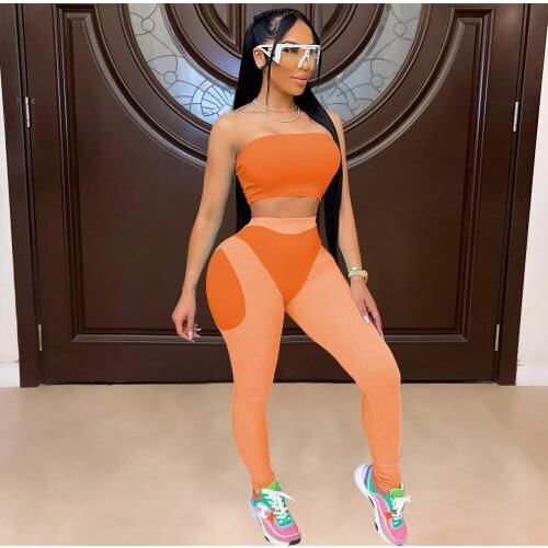 Fitness Jogger Sportswear Patchwork Knitted Ribbed 2 Piece Set Sexy Slash Neck Crop Top + Pencil Pants Casual Tracksuit S-XXL